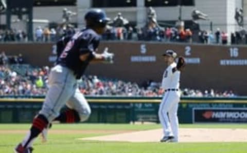 Apr 23, 2016; Detroit, MI, USA; Detroit Tigers starting pitcher Anibal Sanchez (19) reacts as he walks Cleveland Indians shortstop Francisco Lindor (12) in the first inning at Comerica Park. Mandatory Credit: Aaron Doster-USA TODAY Sports