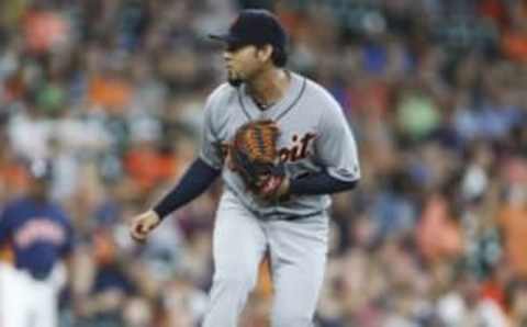 Apr 17, 2016; Houston, TX, USA; Detroit Tigers starting pitcher Anibal Sanchez (19) delivers a pitch during the first inning against the Houston Astros at Minute Maid Park. Mandatory Credit: Troy Taormina-USA TODAY Sports