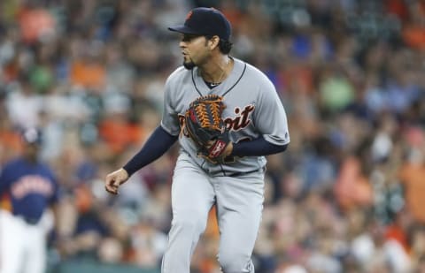 Apr 17, 2016; Houston, TX, USA; Detroit Tigers starting pitcher Anibal Sanchez (19) delivers a pitch during the first inning against the Houston Astros at Minute Maid Park. Mandatory Credit: Troy Taormina-USA TODAY Sports