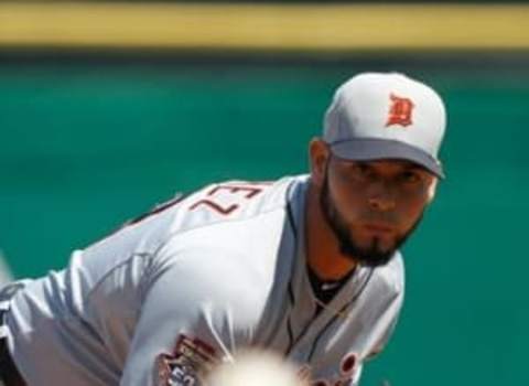 Mar 29, 2015; Clearwater, FL, USA; Detroit Tigers starting pitcher Anibal Sanchez (19) throws a warm up pitch during the first inning against the Philadelphia Phillies at Bright House Field. Mandatory Credit: Kim Klement-USA TODAY Sports