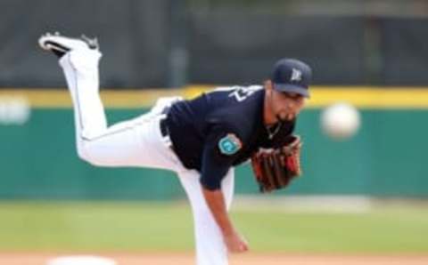 Mar 21, 2016; Lakeland, FL, USA; Detroit Tigers starting pitcher Anibal Sanchez (19) throws a warm up pitch during the first inning against the Philadelphia Phillies at Joker Marchant Stadium. Mandatory Credit: Kim Klement-USA TODAY Sports