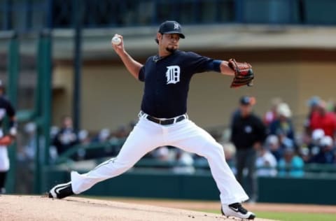 Mar 21, 2016; Lakeland, FL, USA; Detroit Tigers starting pitcher Anibal Sanchez (19) throws a pitch during the first inning against the Philadelphia Phillies at Joker Marchant Stadium. Mandatory Credit: Kim Klement-USA TODAY Sports