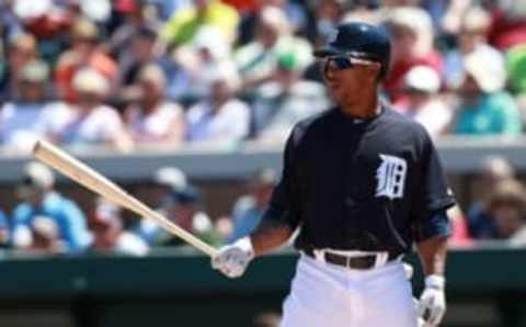 Mar 22, 2016; Lakeland, FL, USA; Detroit Tigers center fielder Anthony Gose (12) at bat against the Toronto Blue Jays at Joker Marchant Stadium. Mandatory Credit: Kim Klement-USA TODAY Sports