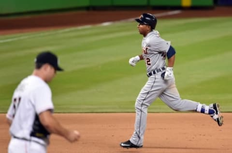 Apr 5, 2016; Miami, FL, USA; Detroit Tigers center fielder Anthony Gose (12) rounds the bases after hitting a solo home run off Miami Marlins relief pitcher Bryan Morris (57) during the ninth inning at Marlins Park. Mandatory Credit: Steve Mitchell-USA TODAY Sports