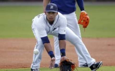 Feb 23, 2016; Lakeland, FL, USA; Detroit Tigers shortstop Dixon Machado (49) fields a ground ball during the Detroit Tigers spring training camp at Joker Merchant Stadium. Mandatory Credit: Reinhold Matay-USA TODAY Sports