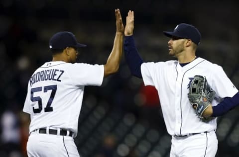 Apr 27, 2016; Detroit, MI, USA; Detroit Tigers relief pitcher Francisco Rodriguez (57) and right fielder J.D. Martinez (28) celebrate after the game at Comerica Park.Detroit won 9-4. Mandatory Credit: Rick Osentoski-USA TODAY Sports