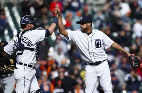 Apr 12, 2016; Detroit, MI, USA; Detroit Tigers catcher Jarrod Saltalamacchia (39) and relief pitcher Francisco Rodriguez (57) celebrate after the game against the Pittsburgh Pirates at Comerica Park. Detroit won 8-2. Mandatory Credit: Rick Osentoski-USA TODAY Sports