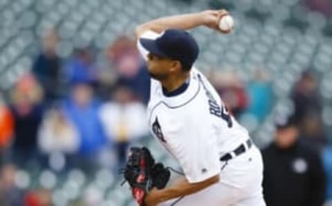 Apr 28, 2016; Detroit, MI, USA; Detroit Tigers relief pitcher Francisco Rodriguez (57) pitches in the ninth inning against the Oakland Athletics at Comerica Park. Detroit won 7-3. Mandatory Credit: Rick Osentoski-USA TODAY Sports