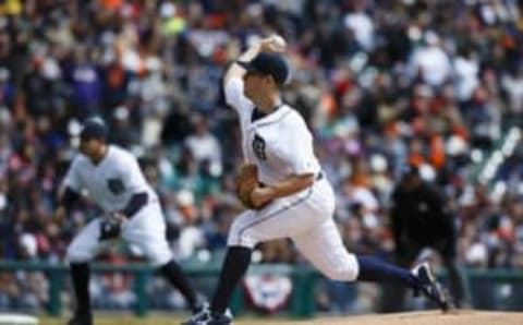 Apr 8, 2016; Detroit, MI, USA; Detroit Tigers starting pitcher Jordan Zimmermann (27) pitches in the first inning against the New York Yankees at Comerica Park. Mandatory Credit: Rick Osentoski-USA TODAY Sports