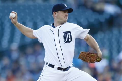 Apr 25, 2016; Detroit, MI, USA; Detroit Tigers starting pitcher Jordan Zimmermann (27) pitches in the first inning against the Oakland Athletics at Comerica Park. Mandatory Credit: Rick Osentoski-USA TODAY Sports