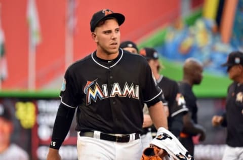 Apr 1, 2016; Miami, FL, USA; Miami Marlins starting pitcher Jose Fernandez (16) heads towards the dugout before a spring training game against the New York Yankees at Marlins Park. Mandatory Credit: Steve Mitchell-USA TODAY Sports