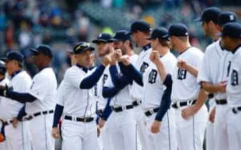 Apr 8, 2016; Detroit, MI, USA; Detroit Tigers shortstop Jose Iglesias (1) during player introductions prior to the game against the New York Yankees at Comerica Park. Mandatory Credit: Rick Osentoski-USA TODAY Sports