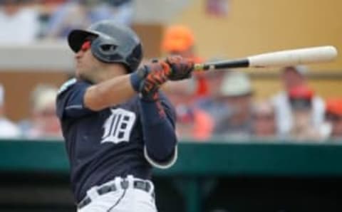 Mar 14, 2016; Lakeland, FL, USA; Detroit Tigers shortstop Jose Iglesias (1) bats during the second inning of a spring training baseball game against the New York Mets at Joker Marchant Stadium. Mandatory Credit: Reinhold Matay-USA TODAY Sports