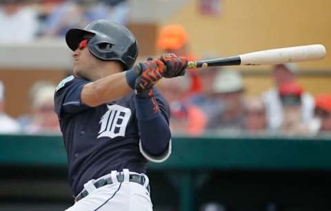 Mar 14, 2016; Lakeland, FL, USA; Detroit Tigers shortstop Jose Iglesias (1) bats during the second inning of a spring training baseball game against the New York Mets at Joker Marchant Stadium. Mandatory Credit: Reinhold Matay-USA TODAY Sports