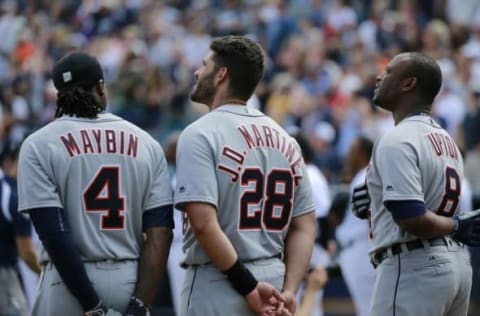 Mar 2, 2016; Tampa, FL, USA; (EDITORS NOTE: caption correction) Detroit Tigers right fielder Justin Upton (8), outfielder J.D. Martinez (28) and outfielder Cameron Maybin (4) before the game against the New York Yankees at George M. Steinbrenner Field. Mandatory Credit: Kim Klement-USA TODAY Sports