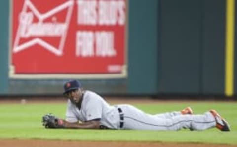 Apr 17, 2016; Houston, TX, USA; Detroit Tigers left fielder Justin Upton (8) reacts after a play during the fourth inning against the Houston Astros at Minute Maid Park. Mandatory Credit: Troy Taormina-USA TODAY Sports