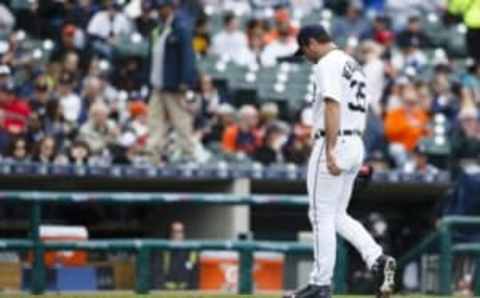 Apr 11, 2016; Detroit, MI, USA; Detroit Tigers starting pitcher Justin Verlander (35) walks off the field after being relieved in the fifth inning against the Pittsburgh Pirates at Comerica Park. Mandatory Credit: Rick Osentoski-USA TODAY Sports