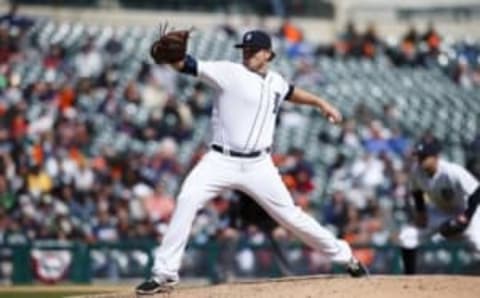 Apr 12, 2016; Detroit, MI, USA; Detroit Tigers relief pitcher Justin Wilson (38) pitches in the sixth inning against the Pittsburgh Pirates at Comerica Park. Mandatory Credit: Rick Osentoski-USA TODAY Sports