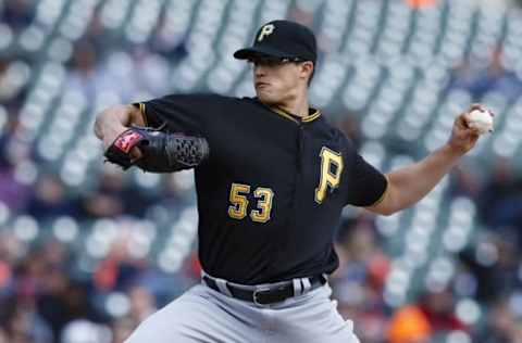 Apr 12, 2016; Detroit, MI, USA; Pittsburgh Pirates pitcher Kyle Lobstein (53) pitches in the fourth inning against the Detroit Tigers at Comerica Park. Mandatory Credit: Rick Osentoski-USA TODAY Sports