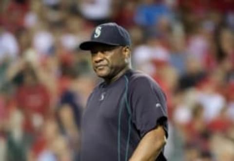 Sep 25, 2015; Anaheim, CA, USA; Seattle Mariners manager Lloyd McClendon reacts during a MLB game against the Los Angeles Angels at Angel Stadium of Anaheim. Mandatory Credit: Kirby Lee-USA TODAY Sports