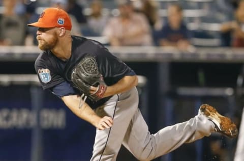 Mar 28, 2016; Tampa, FL, USA; Detroit Tigers pitcher Logan Kensing pitches during the seventh inning of a spring training baseball game against the New York Yankees at George M. Steinbrenner Field. Mandatory Credit: Reinhold Matay-USA TODAY Sports