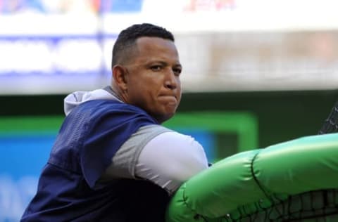 Apr 5, 2016; Miami, FL, USA; Detroit Tigers first baseman Miguel Cabrera (24) looks on from the batting cage before a game against the Miami Marlins at Marlins Park. Mandatory Credit: Steve Mitchell-USA TODAY Sports