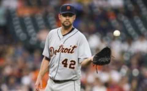 Apr 15, 2016; Houston, TX, USA; Detroit Tigers starting pitcher Mike Pelfrey reacts after a play during the second inning against the Houston Astros at Minute Maid Park. Mandatory Credit: Troy Taormina-USA TODAY Sports