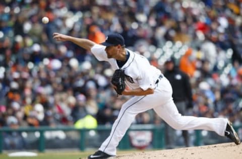 Apr 9, 2016; Detroit, MI, USA; Detroit Tigers starting pitcher Mike Pelfrey (37) pitches in the second inning against the New York Yankees at Comerica Park. Mandatory Credit: Rick Osentoski-USA TODAY Sports