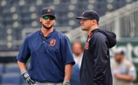 Apr 21, 2016; Kansas City, MO, USA; Detroit Tigers catcher Jarrod Saltalamacchia (left) and third basemen Nick Castellanos (right) look on during batting practice prior to a game against the Kansas City Royals at Kauffman Stadium. Mandatory Credit: Peter G. Aiken-USA TODAY Sports