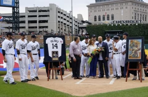 Aug 8, 2015; Detroit, MI, USA; Detroit Tigers former player Placido Polanco is honored before the game against the Boston Red Sox at Comerica Park. Mandatory Credit: Rick Osentoski-USA TODAY Sports