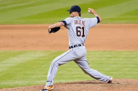 Apr 5, 2016; Miami, FL, USA; Detroit Tigers relief pitcher Shane Greene (61) throws in the eleventh inning against the Miami Marlins at Marlins Park. Mandatory Credit: Steve Mitchell-USA TODAY Sports