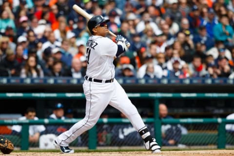 Apr 19, 2015; Detroit, MI, USA; Detroit Tigers designated hitter Victor Martinez (41) at bat against the Chicago White Sox at Comerica Park. Mandatory Credit: Rick Osentoski-USA TODAY Sports