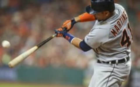 Apr 16, 2016; Houston, TX, USA; Detroit Tigers designated hitter Victor Martinez (41) hits a double during the second inning against the Houston Astros at Minute Maid Park. Mandatory Credit: Troy Taormina-USA TODAY Sports