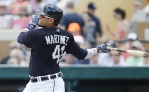 Mar 31, 2016; Lakeland, FL, USA; Detroit Tigers designated hitter Victor Martinez (41) hits a 2 run home run during the first inning of a spring training baseball game against the New York Yankees at Joker Marchant Stadium. Mandatory Credit: Reinhold Matay-USA TODAY Sports