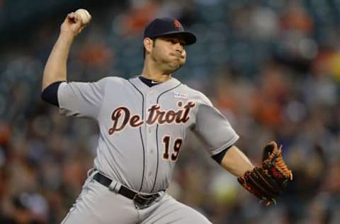 May 14, 2016; Baltimore, MD, USA; Detroit Tigers starting pitcher Anibal Sanchez (19) pitches during the second inning against the Baltimore Orioles at Oriole Park at Camden Yards. Mandatory Credit: Tommy Gilligan-USA TODAY Sports