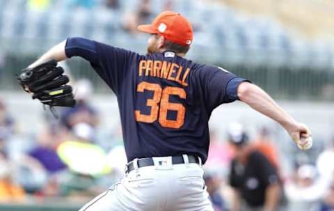 Mar 16, 2016; Kissimmee, FL, USA; Detroit Tigers relief pitcher Bobby Parnell (36) throws during the inning of a spring training baseball game against the Houston Astros at Osceola County Stadium. The Tigers won 7-3. Mandatory Credit: Reinhold Matay-USA TODAY Sports