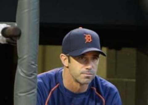 May 14, 2016; Baltimore, MD, USA; Detroit Tigers manager Brad Ausmus (7) sitting in the dugout during the third inning against the Baltimore Orioles at Oriole Park at Camden Yards. Mandatory Credit: Tommy Gilligan-USA TODAY Sports