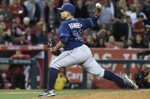 May 6, 2016; Anaheim, CA, USA; Tampa Bay Rays relief pitcher Erasmo Ramirez (30) pitches during the seventh inning against the Los Angeles Angels at Angel Stadium of Anaheim. Mandatory Credit: Richard Mackson-USA TODAY Sports