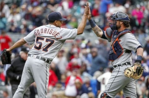 Apr 30, 2016; Minneapolis, MN, USA; Detroit Tigers relief pitcher Francisco Rodriguez (57) celebrates the 4-1 win over the Minnesota Twins with catcher Jarrod Saltalamacchia (39) at Target Field. Mandatory Credit: Bruce Kluckhohn-USA TODAY Sports