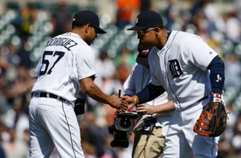 May 18, 2016; Detroit, MI, USA; Detroit Tigers relief pitcher Francisco Rodriguez (57) and first baseman Miguel Cabrera (24) celebrate after the game against the Minnesota Twins at Comerica Park. Detroit won 6-3. Mandatory Credit: Rick Osentoski-USA TODAY Sports