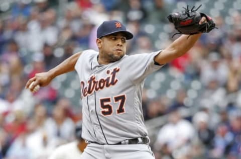 Apr 30, 2016; Minneapolis, MN, USA; Detroit Tigers relief pitcher Francisco Rodriguez (57) pitches to the Minnesota Twins in the ninth inning at Target Field. The Tigers win 4-1. Mandatory Credit: Bruce Kluckhohn-USA TODAY Sports