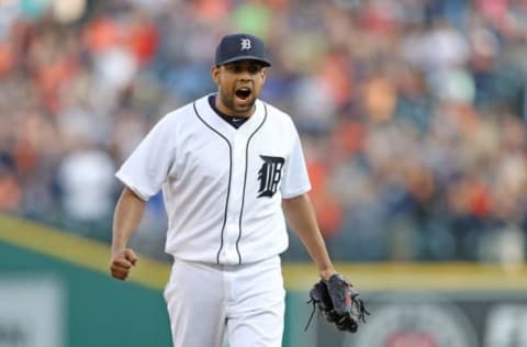 May 21, 2016; Detroit, MI, USA; Detroit Tigers relief pitcher Francisco Rodriguez (57) celebrates the final out and win over the Tampa Bay Rays at Comerica Park. The Tigers defeated the Rays 5-4. Mandatory Credit: Leon Halip-USA TODAY Sports