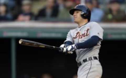 May 3, 2016; Cleveland, OH, USA; Detroit Tigers second baseman Ian Kinsler (3) hits a home run during the fifth inning against the Cleveland Indians at Progressive Field. Mandatory Credit: Ken Blaze-USA TODAY Sports