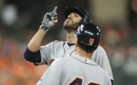 Apr 15, 2016; Houston, TX, USA; Detroit Tigers right fielder J.D. Martinez points up after reaching on a single during the seventh inning against the Houston Astros at Minute Maid Park. Mandatory Credit: Troy Taormina-USA TODAY Sports