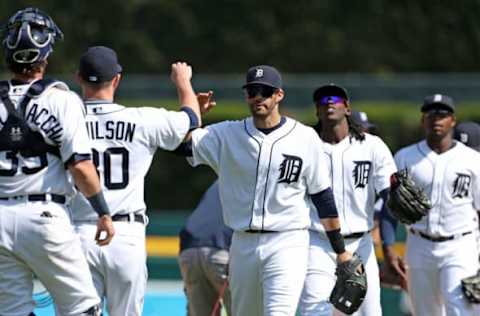 May 22, 2016; Detroit, MI, USA; Detroit Tigers right fielder J.D. Martinez (28) celebrates a win over the Tampa Bay Rays with his teammates at Comerica Park. The Tigers defeated the Rays 9-4. Mandatory Credit: Leon Halip-USA TODAY Sports