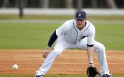 Feb 23, 2016; Lakeland, FL, USA;Detroit Tigers shortstop JaCoby Jones (79) fields a ground ball during the Detroit Tigers spring training camp at Joker Merchant Stadium. Mandatory Credit: Reinhold Matay-USA TODAY Sports