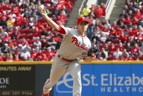 Apr 4, 2016; Cincinnati, OH, USA; Philadelphia Phillies starting pitcher Jeremy Hellickson throws against the Cincinnati Reds during the first inning at Great American Ball Park. Mandatory Credit: David Kohl-USA TODAY Sports