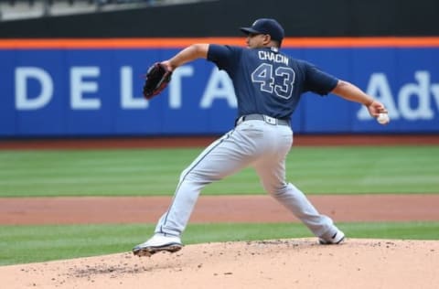 May 4, 2016; New York City, NY, USA; Atlanta Braves starting pitcher Jhoulys Chacin (43) pitches during the first inning against the New York Mets at Citi Field. Mandatory Credit: Anthony Gruppuso-USA TODAY Sports