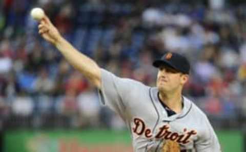 May 11, 2016; Washington, DC, USA; Detroit Tigers starting pitcher Jordan Zimmermann (27) throws the ball against the Washington Nationals during the second inning at Nationals Park. Mandatory Credit: Brad Mills-USA TODAY Sports