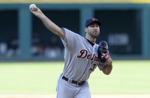 May 3, 2016; Cleveland, OH, USA; Detroit Tigers starting pitcher Justin Verlander (35) throws a pitch during the first inning at Progressive Field. Mandatory Credit: Ken Blaze-USA TODAY Sports